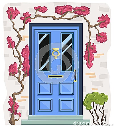 Blue front door with brick wall, steps, climbing pink plants and bush. Vector Illustration